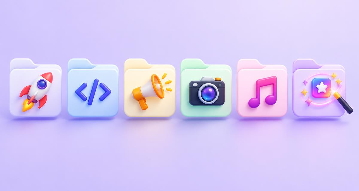 A row of colorful 3D folders with rocket, code, megaphone, camera and music icons, and one folder where a magic wand draws a custom icon