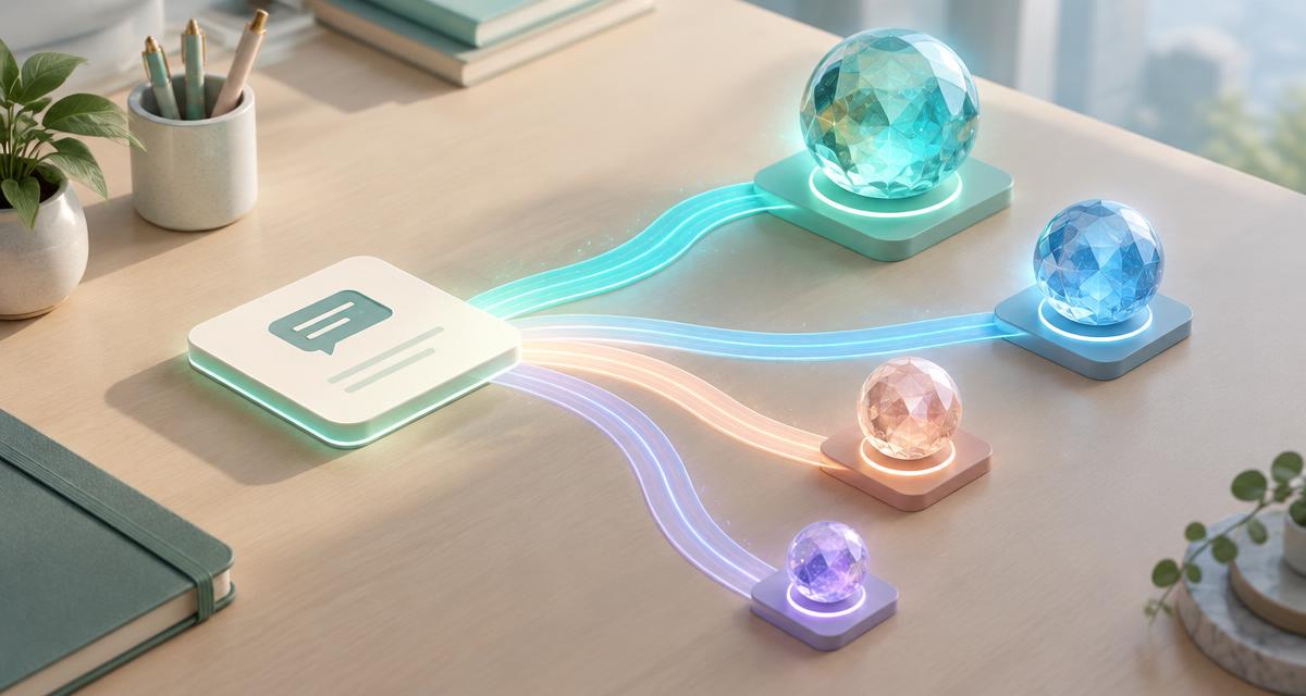 A prompt card on a desk branching into four crystal spheres of different sizes, representing fast, balanced and frontier AI models