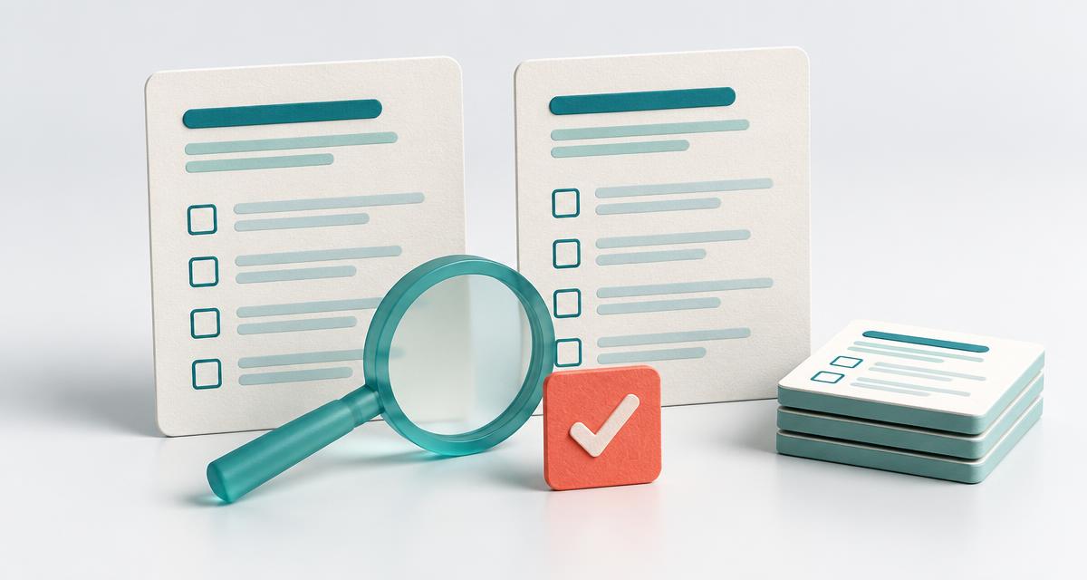 Two prompt checklist cards beside a teal magnifying glass, a coral checkmark and a stack of saved versions