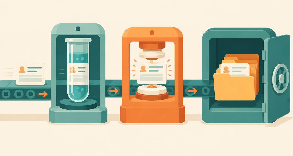 A prompt card moving along a belt through a test station, a polishing press and into a folder vault