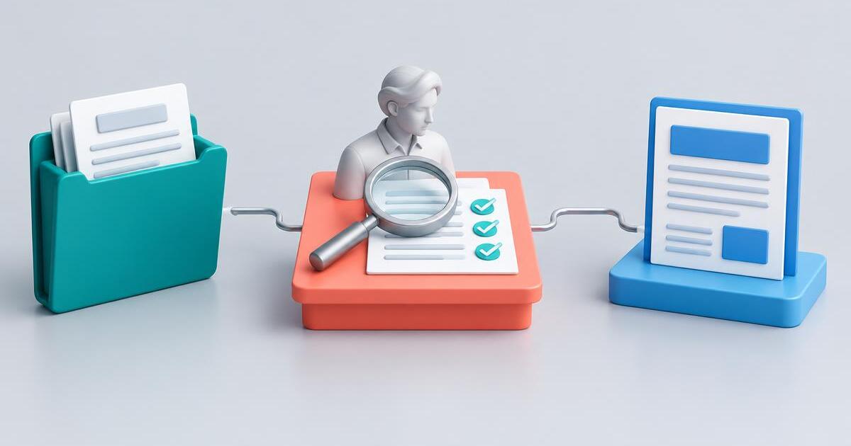 A source document passes through a human review checkpoint before becoming an approved summary