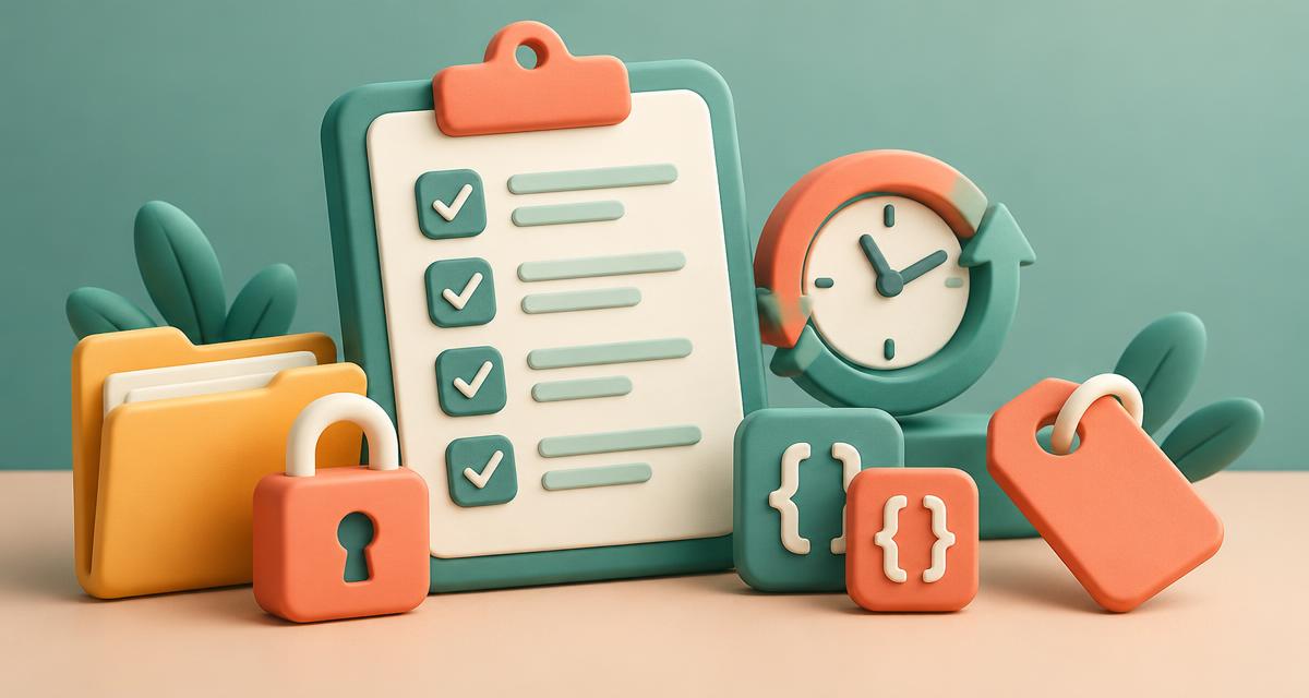 A checklist clipboard surrounded by a folder, a lock, a version history clock, variable tiles and a price tag, representing what to look for in prompt management software