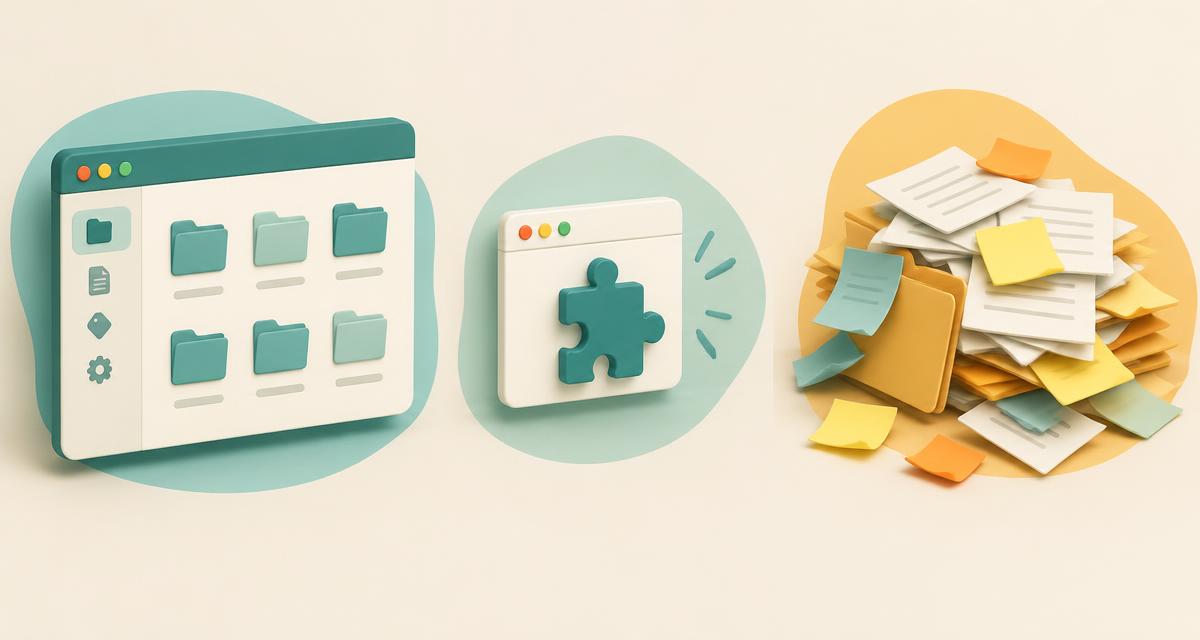 A dedicated app with folders, a browser extension puzzle piece and a messy pile of notes, comparing ways to store prompts