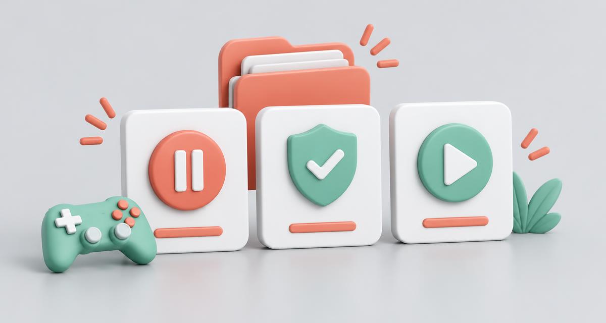 Illustration of pause, verified checkpoint and resume prompt cards beside a game controller