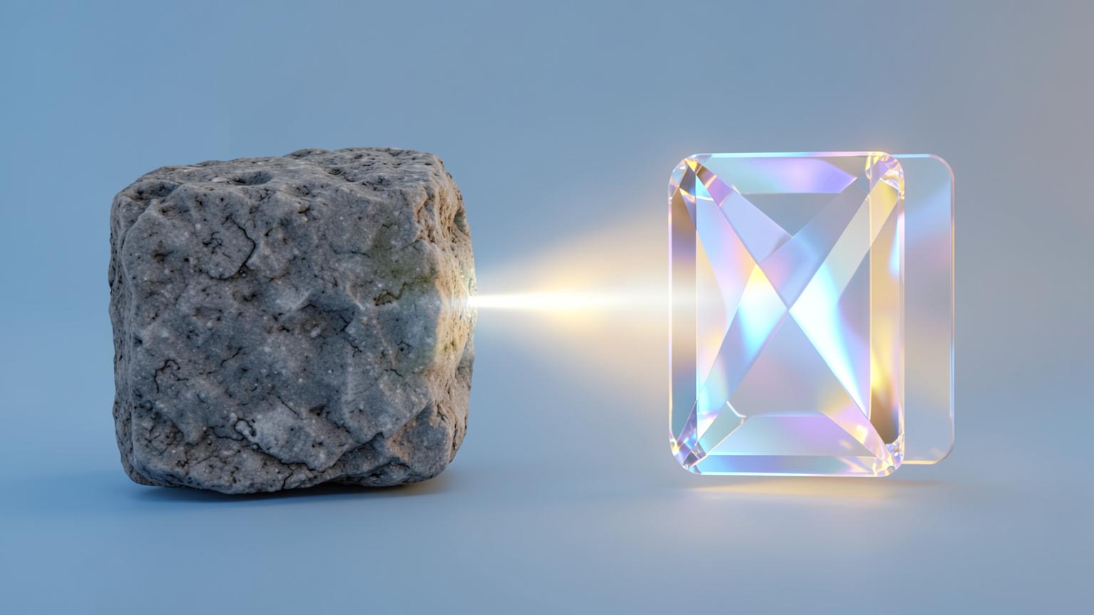 A rough stone transformed into a polished crystal card, symbolising a vague prompt refined into a precise one