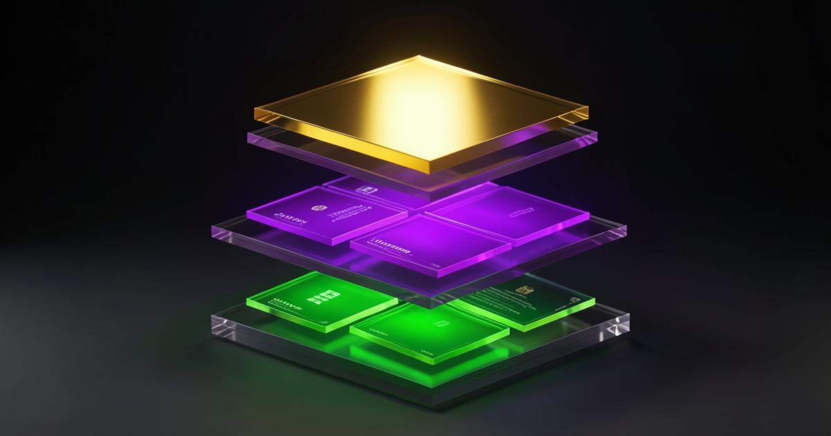 Three glowing tiers of glass cards showing the fast, premium and bring-your-own-key model tiers in AIQuickPrompt
